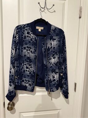 Michael Kors Navy and White Grid-Print Bomber Jacket